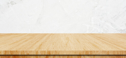 Wood table and white wall background in kitchen, Wooden shelf, counter for food and product display in room background, Wood table top, desk surface banner, mockup, template