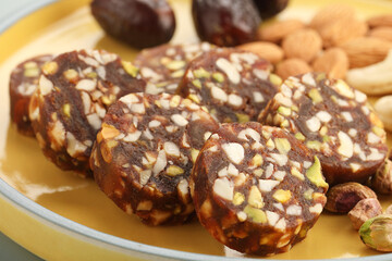 Khajur Barfi Or Khajoor Dry Fruits Burfi Made Of Dates, Anjeer, Kaju, Cashew Nuts, Raisins, Kismis, Pista, Poppy Seeds, Almonds, Pistachio, Badam, Mawa Are Rich In Dietary Fiber, Proteins And Vitamins