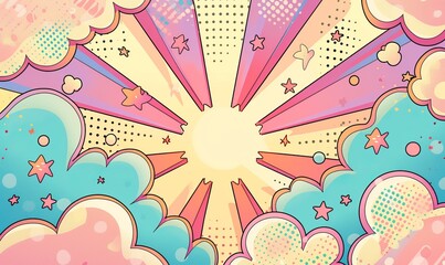 vibrant digital artwork with a burst of pastel-colored rays emanating from a central point, surrounded by stylized clouds and various shapes like stars and dots, all set against a playful, dotted back