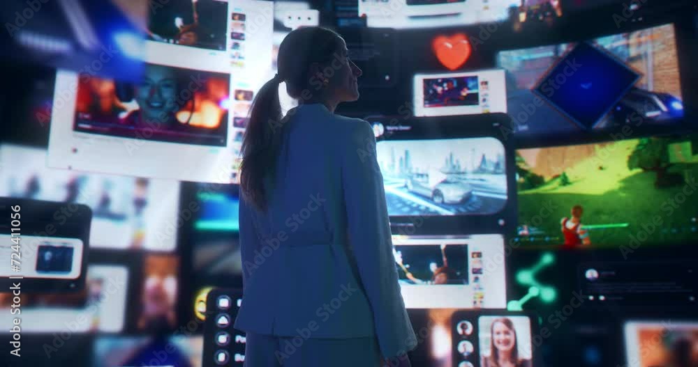 Poster Backview Of Caucasian Woman Entering Cyberspace Internet Interface Browsing Web Content, Watching Video Streaming, Social Media. Animated Stream Of Online Entertainment With Influencers And Gaming.