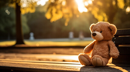 Teddy Bear Sitting Alone on a Park Bench at Sunset. Lost Childhood Toy and Nostalgia Concept - obrazy, fototapety, plakaty