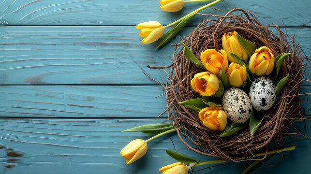 Yellow Tulips and spotted eggs in nest on blue wooden background