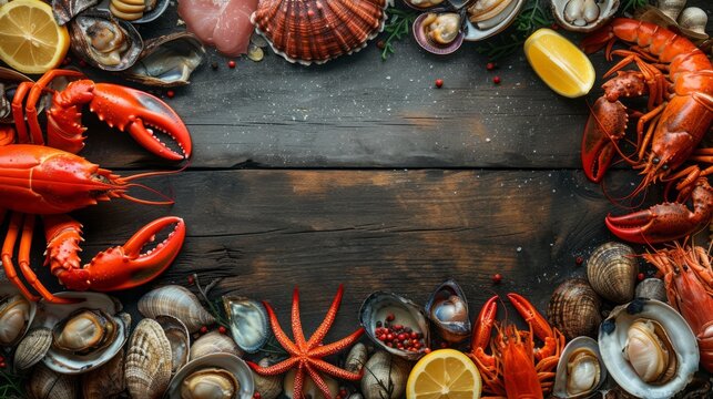 assortment of seafood arranged to create a frame on a wooden surface. Central to the composition are vibrant red lobsters, complemented by various shellfish like scallops, clams, and starfish
