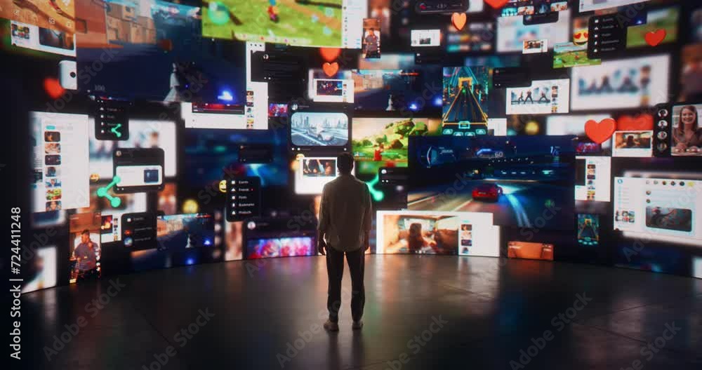 Poster back view of caucasian man entering 3d cyberspace with animated social media interfaces, online vide