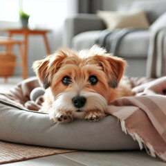 Cute dog lying on pillow in living room. Adorable pet