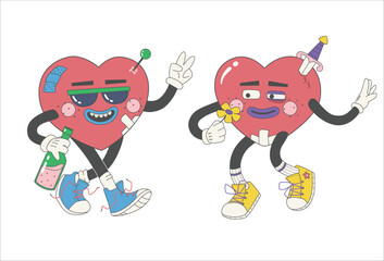 Funny broken retro hearts. Vintage comic characters. Wounded red cartoon hearts. Happy Valentines. Vector illustration