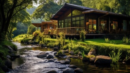 Cozy autonomous eco-house in a summer forest near the river. The concept of caring for the environment and relaxation away from the city.