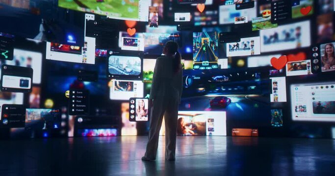 Backview Of Caucasian Woman Entering Animated Stream of Content. Browsing Multimedia all in one Entertainment, Messaging, TV, Videos, Emoji, Sharing, Video Game Playing, Fintech Online Shopping.