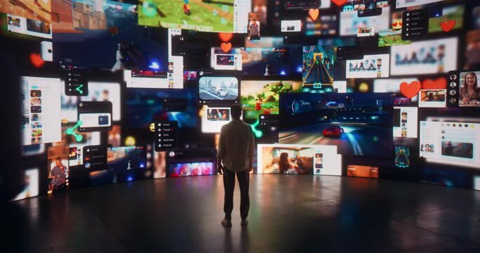 Back View Of Caucasian Man Entering 3D Cyberspace With Animated Social Media Interfaces, Online Video Games, Viral Videos, Internet Content. Visualization Of Male Enthusiast Surfing Computer Network.