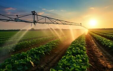 Crops field poster. Irrigation system on agricultural soybean field, rain gun sprinkler helps to grow plants in the dry season, increases crop yields. Landscape, beautiful sunset. AI Generative.