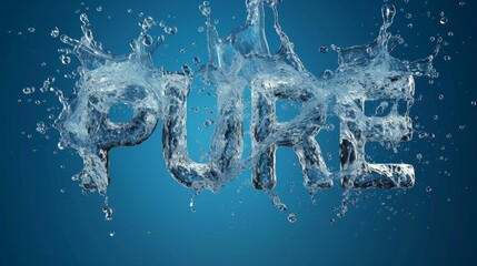 Clear water splash in form of word Pure. Transparent liquid on blue background