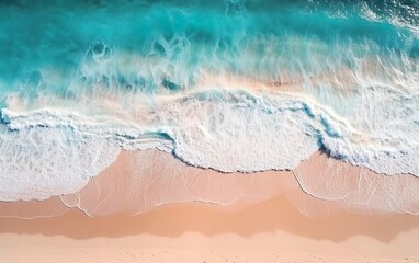 Fototapeta na wymiar Ocean wave, top view banner. Spectacular drone photo of beach for refreshing and calmness concept. Flat lay poster. AI Generative.