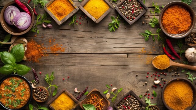  rich assortment of spices and herbs arranged on a wooden surface, creating a frame around a bowl of curry. The rustic background adds to the earthy feel of the composition.