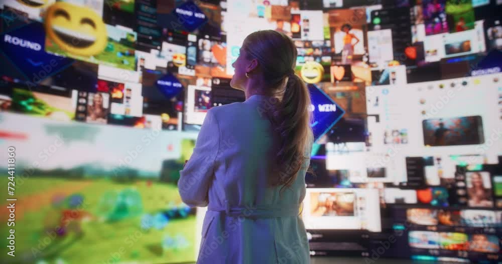 Poster Close-Up Portrait Of Caucasian Woman Entering Animated Stream Of Content. Visualization Of Browsing Metaverse Big Data with Viral Videos, Social Media Profiles with Influencers, Internet Communities.