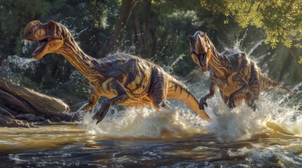 A pair of hadrosaurs playfully splashing in the river their webbed feet propelling them forward as they frolic in the refreshing water.