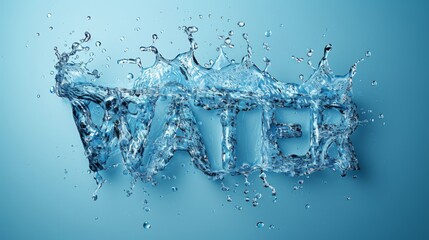 Clear water splash in form of word Water. Transparent liquid on blue background