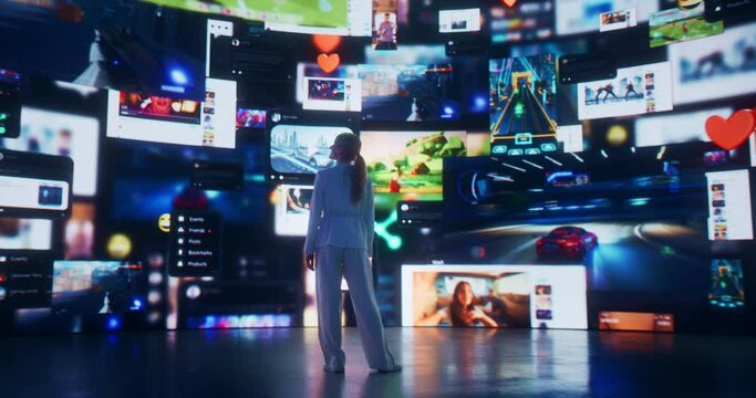 Portrait Of Caucasian Woman Entering 3D Cyberspace With Animated Social Media Interfaces, Online Video Games, Videos, Internet Content. Visualization Of Female Enthusiast Surfing Computer Network.