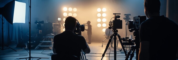 Film crew team with light man and cameraman working together with director in big studio, video production behind the scenes making of TV commercial movie. Banner