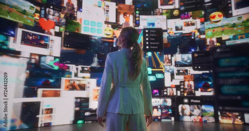 Poster closeup portrait of caucasian woman entering cyberspace internet interface browsing web content, wat