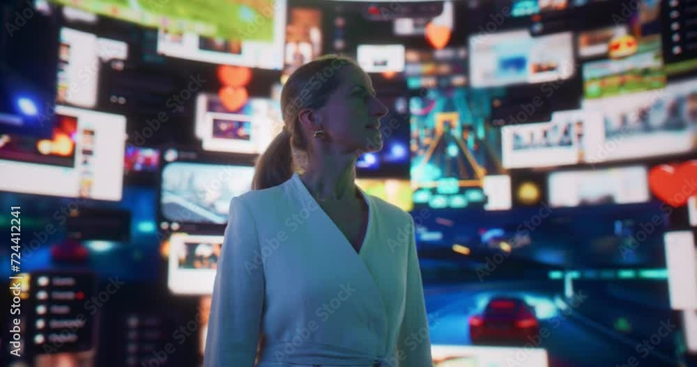 Poster close-up portrait of caucasian woman entering animated stream of online interfaces with social media