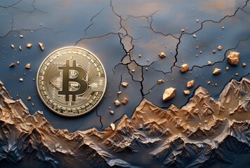 shiny golden Bitcoin coin on a surface that simulates a rugged landscape with dark cracked earth in...