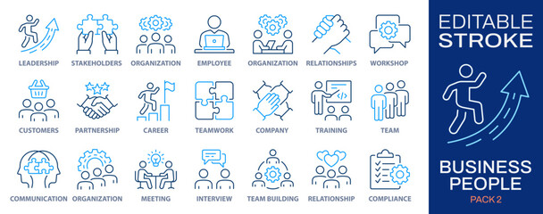 Business people line icons. Collection of team, partnership, workshop, employee, career and more. Vector illustration. Editable stroke.