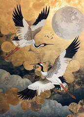 a traditional Asian painting featuring two cranes flying among clouds with a full moon in the background