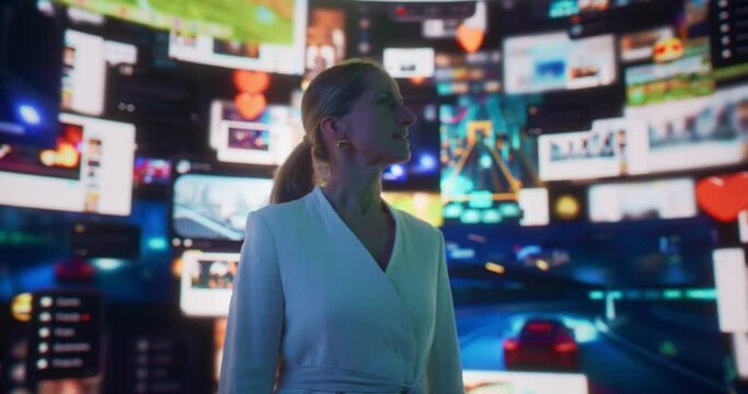 Close-Up Portrait Of Caucasian Woman Entering Animated Stream Of Online Interfaces With Social Media, Fintech Services, e-Commerce, Internet Influencers And Video Games. Visualization Of Web Network.