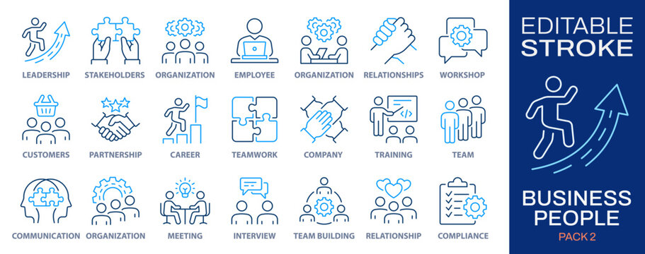 Business people line icons. Collection of team, partnership, workshop, employee, career and more. Vector illustration. Editable stroke.