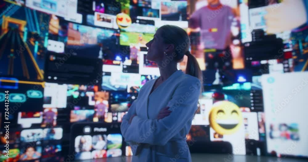 Aufkleber close-up portrait of caucasian woman entering animated stream of content. browsing multimedia all-in
