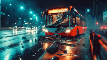 Bus crash dangerous accident on the road at night - obrazy, fototapety, plakaty