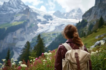 Peak Pursuit: Woman With Backpack On Mountain Top, Generative Ai