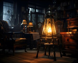A night shot of a vintage room with an antique lamp and books