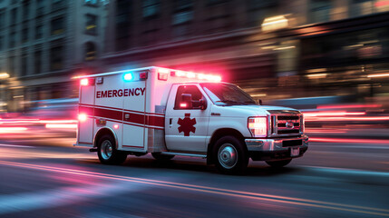 Ambulance with lights flashing speeding through the city on an emergency call - obrazy, fototapety, plakaty
