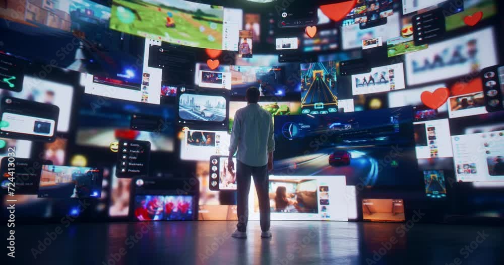 Poster back view of caucasian man enjoying 3d cyberspace with animated social media interfaces, online vide