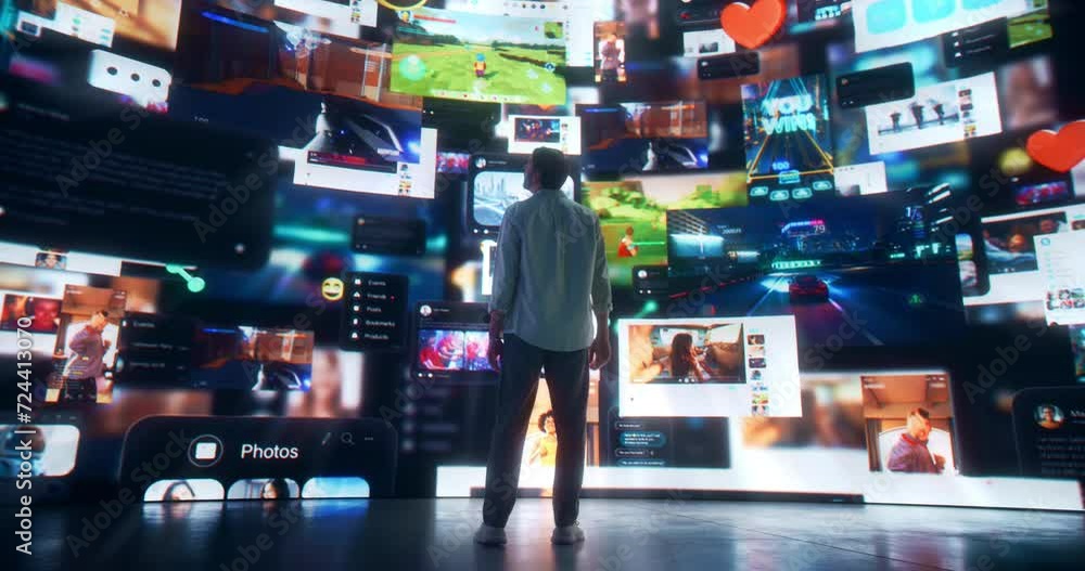 Poster Backview Of Caucasian Man Pressing A Button And Connecting To Metaverse Big Data Visualization with Viral Videos, Advertising, Social Media with Influencers, Online Art and Internet Communities.