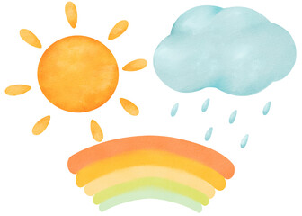 Watercolor set. a bright sun, a rainy cloud, and a colorful rainbow in a cartoon style. for children's books, weather forecasts, greeting cards, and design that needs a dash of joy and nature's beauty