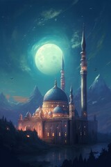 Mosque on the background of the night sky with full moon.