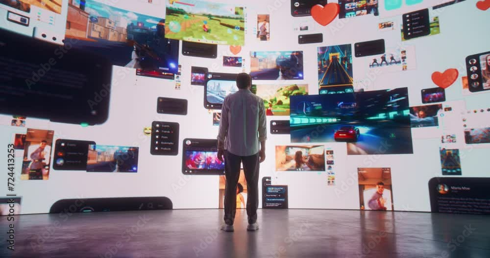 Poster backview of caucasian man connecting to virtual network of social media, online gaming, video stream