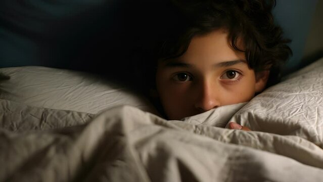 adolescent Middle Eastern boy shifts restlessly in bed, plagued by nightmares of home countrys violent unrest. reactions suggest Ae Stress Disorder (ASD), which frequently results in recurring
