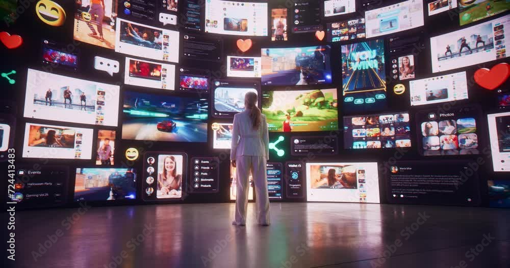 Poster Backview Of Caucasian Woman Connecting to Animated Stream Of Content. Visualization Of Browsing Metaverse Big Data with Viral Videos, Social Media Profiles with Influencers, and Internet Communities.