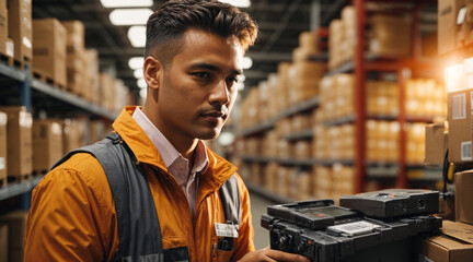 Salesman in a hardware warehouse standing checking scan box in logistics for inventory check using barcode reader

 - obrazy, fototapety, plakaty