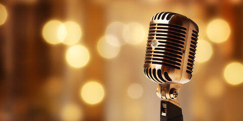 Vintage Microphone Against Bokeh Light Background. Music and Performance Concept