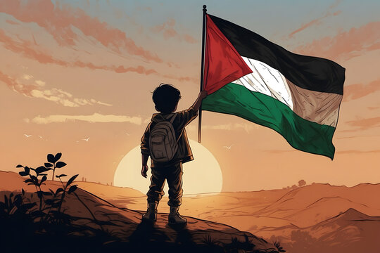 A silhouette of a kid holding his national flag