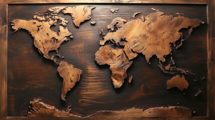 World map made of wood. All continents of the wooden world