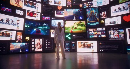 Backview Of Caucasian Woman Connecting to Cyberspace Internet Interface, Browsing Web Content, Watching Videos, Social Media. Animated Stream Of Online Entertainment With Influencers And Gaming.