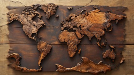 World map made of wood. All continents of the wooden world
