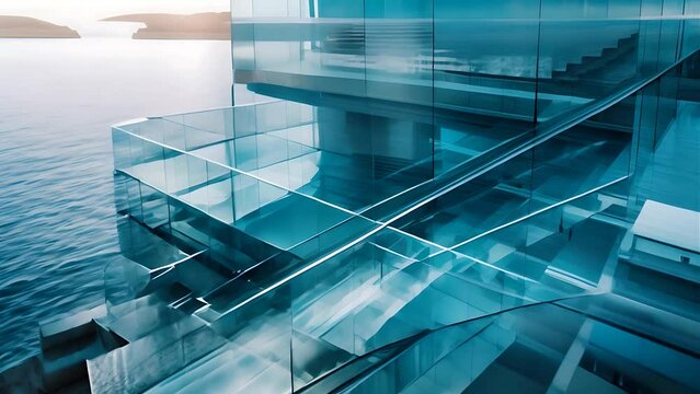 Abstract transparent architectural glass structure on the water, with glass stairs and surfaces. Creative fantasy futuristic architecture concept.