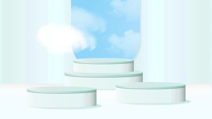 Green stage podium with sky and cloud background vector. 3D Stage podium and minimal cloud scene for an Award Ceremony. Vector illustration.