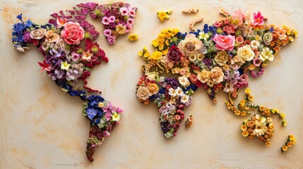 World map made of flowers. All continents of the flowers world